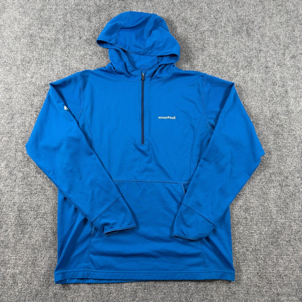 Montbell Hoodie Mens Medium Blue 1/4 Zip Pullover Hiking Outdoor Activewear